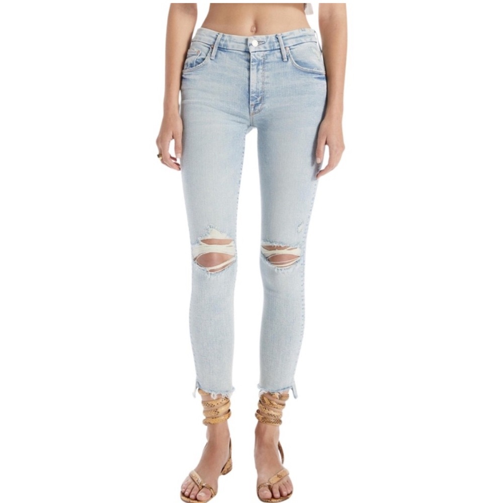 MOTHER The Stunner Zip Ankle Step Fray Jeans Rolling in the Bushes Denim Sz 27